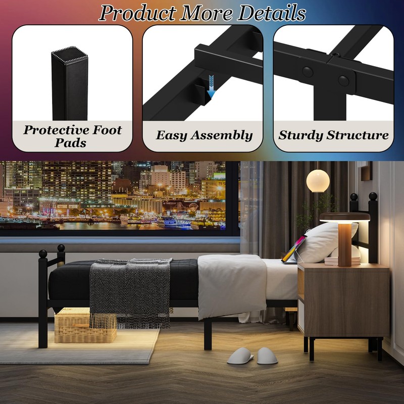 Twin Bed Frames With Charging Station & LED Lights, Metal