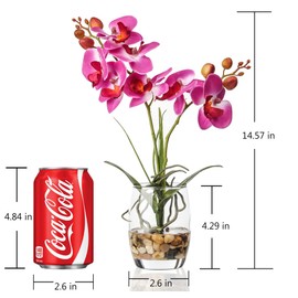 Jusdreen 1 Pcs Glass Vase Artificial Orchid Flower Bonsai Vivid Phalaenopsis Flowers Potting for Home Office Décor, Table Centerpiece Room Decorations 14.5"(Glass Vase/Purple Orchid)