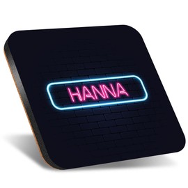 1 x Square Jumbo Size Coaster 12cm Neon Sign Design Hanna Name Cork Backed MDF Glossy Tea Coffee Accessory #353016