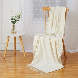 CAROMIO Soft Chenille Cuddly Blanket with Tassel Sofa Blanket Sleeping Blanket Knitted Wool Blanket for Bed Sofa Office 127 x 152 cm (50 x 60 inches) Cream