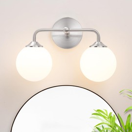 Modern Brushed Nickel 2-Lights Bathroom Vanity Lights, Bathroom Lighting Fixtures Over Mirror with Milk White Globe Glass Shade, Elagant Wall Sconces for Bathroom Dressing Table Bedroom Living Room