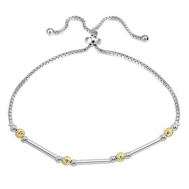 B. BRILLIANT Two-Tone Yellow Gold Flashed Sterling Silver Polished Bar Diamond-Cut Beads Adjustable Chain Bolo Bracelet