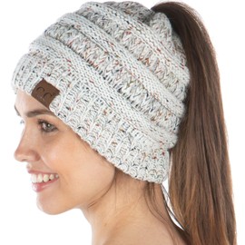 Funky Junque Exclusives BeanieTail Messy Bun Ponytail Beanie Hat - Ivory Confetti