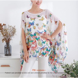 Max Hsuan Women's Loose Solid Sheer Chiffon Caftan Poncho Batwing Tunic Top Blouse Summer Oversized Shirts (White Butterflies)