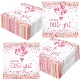 Tcoyodw 80 Pcs Pink Bow Baby Shower Party Paper Napkins A Sweet Little Girl is on The Way Disposable Napkins Pink Floral Baby Shower Party Supplies Table Decorations for Girls