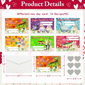 HEYINSHEN 30 Pack Valentine Cards for Kids Dinosaur Valentine Cards for Kids Classroom Valentines Day Scratch Off Cards Valentines for Kids School Kids Valentines Card Exchange with Envelopes
