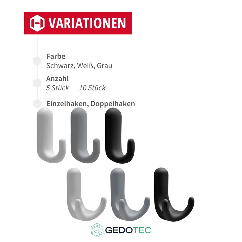 Gedotec Coat Hooks Plastic GA98 Single Hooks Pack of 10