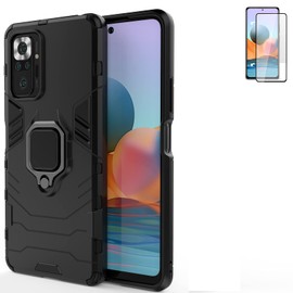 for Xiaomi Redmi Note 10 Pro Case with Glass Screen Protector,Hybrid Heavy Duty Shockproof Armor Dual Layer Protection Defender Back Case Cover for Redmi Note 10 Pro Max with mount Kickstand (Black)