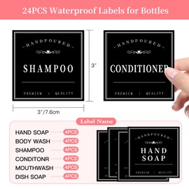 HVSWLY Waterproof Soap Labels for Bottles, Mouthwash Dispenser Label for Bathroom, Removable Self-Adhesive Stickers for Hand Soap, Dish Soap, Shampoo, Conditioner, Body Wash (24PCS,Black)