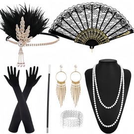 9 Pieces 20s Accessories Women, 20s Costume Women, 20s Dress Accessories, Carnival Great Gatsby Outfit Accessories, Headdress, Gloves, Pearl Necklace, Bracelet, Earrings, Folding Compartments