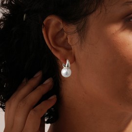 Moodear Pearl Earrings for Women Trendy 925 Sterling Silver Pearl Drop Hoop Earrings Small Elegant Hypoallergenic Gold Hoops Dangle Pearl Earrings Wedding Jewelry Gifts for Women