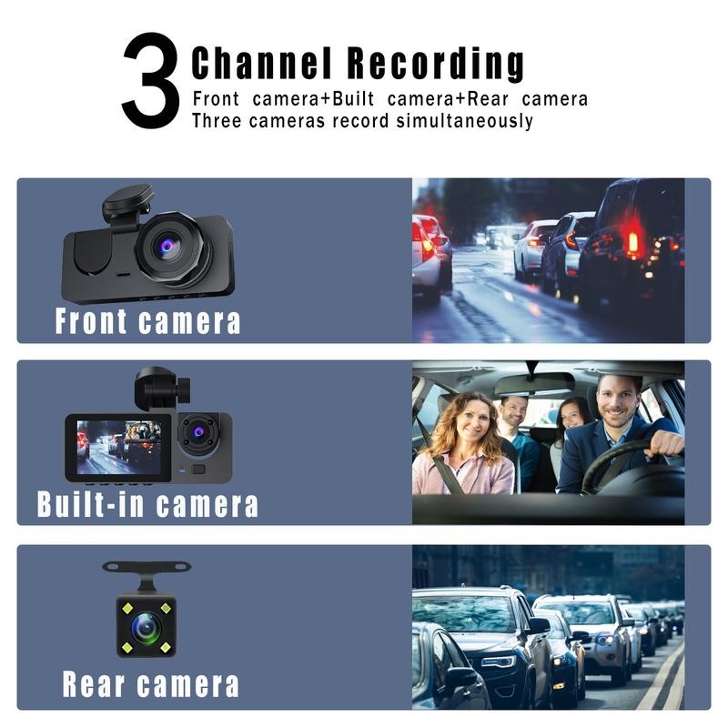 BCUOZ 3 Channel Dash Cam Front and Rear Inside, 1080P