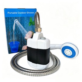 qiyue Portable Rechargeable Camping Shower Pump, 2000mAh Battery Outdoor Shower Head Sprayer, Electric Water Pump Draws Water from Bucket for Camping Hiking Travel Car Washing Pet Cleaning