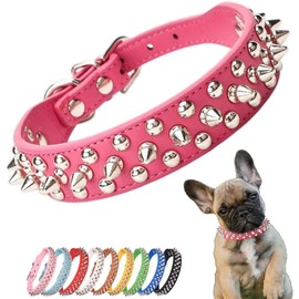 Pimaodog Spiked Studded Dog Collar, Adjustable Soft Leather Puppy Collar for Small Medium Dogs Bulldog Pitbull Mastiff Poodle Boxer (L, Hot Pink)