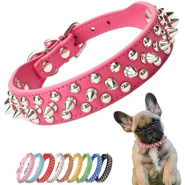 Pimaodog Spiked Studded Dog Collar, Adjustable Soft Leather Puppy Collar