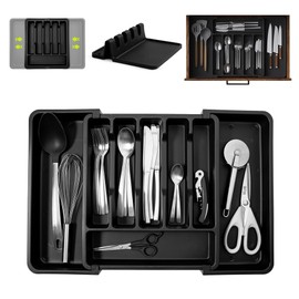 DEGUITY Expandable Cutlery Organizer | Cutlery Tray for Kitchen Drawer, Cutlery Organizer for Drawer with 6 to 8 Adjustable Compartments | Utensil Tray + Covered Countertop Holder