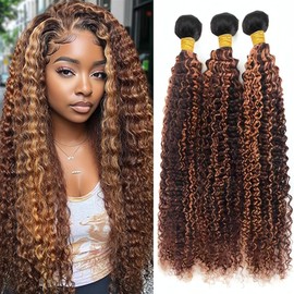 BilltiiWW P430 Curly Bundles Highlight Curly Human Hair Bundles Brown and Light Brown two tone Brazilian Human Hair Soft and Silky for Black Women 08 10 12 Inch