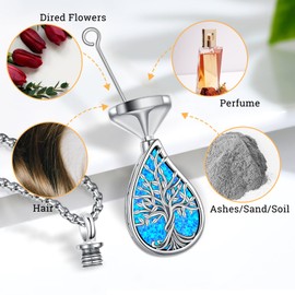 LOOVE Sterling Silver Tree of Life Urn Necklace for Women Tree of Life Ashes Necklace Human Ashes Cremation Pendant for Ashes of Loved Ones Blue Opal Keepsake Jewelry