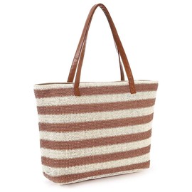 Large Straw Bag Beach Tote Bag With Zipper Beach Handbag With Stripe Woven Shoulder Bag Khaki