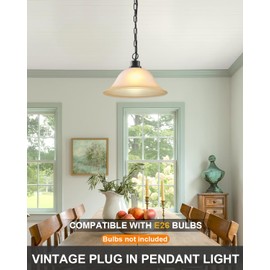ANYLOVE Vintage Plug in Pendant Light,12" Glass Shade,Black Chain,Adjustable Pendant Light,No Light Source,for Kitchen,Bedroom,Living Room