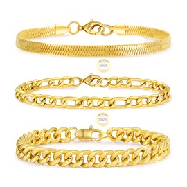 Rajputana Gold Chain Bracelets for Men Boys, S925 Sterling Silver Wrist Band Cuban Figaro Chains Metal Link Bracelet Set Stack Mens Accessories Jewelry Gifts Him Male Oro Pulsera Para Hombres 7.5 inch