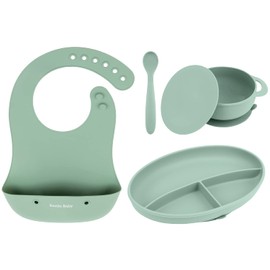 Bazzle Baby Silicone Feeding Set - Premium Silicone Roll Up Bib, Suction Plate, Bowl, Lid with Spoon
