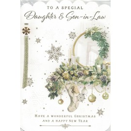 Traditional Christmas Card for Daughter & Son-in-Law, 25.4 x 17.8 cm Gold ribbon