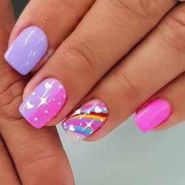 Valentine's Day Press on Nails Rainbow Color Fake Nails Short Square Acrylic Nails Pink Purple Gradient False Nails with Heart Star Designs Cute Artificial Stick on Nails for Women Girls 24Pcs