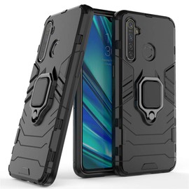 Compatible with OPPO Realme 5 Pro, Realme Q Case, Metal Ring Grip Kickstand Shockproof Hard Bumper (Works with Magnetic Car Mount) Dual Layer Rugged Cover (Black)
