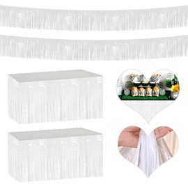4P Metallic Foil Fringe Banner Tinsel Table Skirts for Rectangle Tables Backdrop Banner Garland Curtains for Parade Floats Wedding Graduation Anniversary Birthday Parties Decoration (Makaron White)