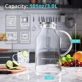 3 Liter 101 oz Glass Pitcher with Lid and Spout, Bivvclaz Glass Water Pitcher for Fridge, Glass Carafe for Hot/Cold Water, Iced Tea Pitcher, Large Pitcher for Coffee, Juice and Homemade Beverage