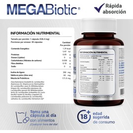 Probióticos 120 Billones y 17 Cepas e Inulina de Agave| Suplemento Alimenticio con Probióticos y Prebióticos con Sábila en Polvo, L. Rhamnosus, L. Casei |Cont. 30 caps., MegaBiotic