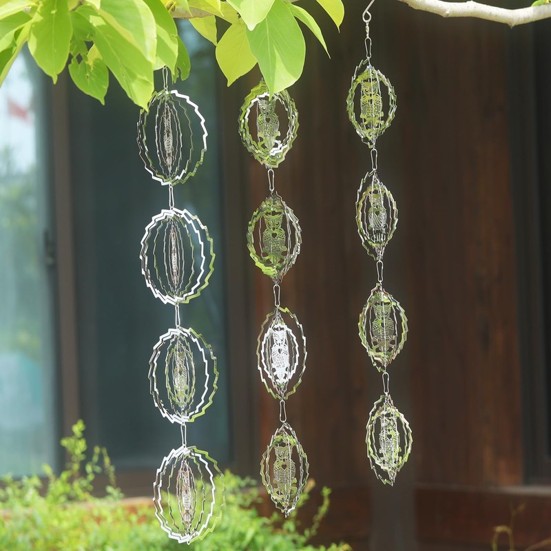 3 Piece Set Owl Bird Deterrent Discs Glittering Wind Chimes
