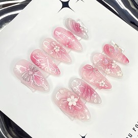 24Pcs Pink Press on Nails Medium Almond Fake Nails with Butterfly Rhinestones Designs 3D Flower False Nails Star Stick on Nails Cute Bow Acrylic Nails Glitter Glue on Nails for Women Nail Supplies