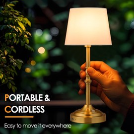 GGOYING Set of 2 Rechargeable Cordless LED Table Lamps, 4-Level Dimmer, Bronze Portable Desk Lamps with White Fabric Shades, Night Light for Dining, Bedroom and Patio