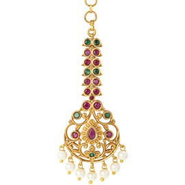 Aheli Drop Pearl Design Headpiece Maan Tikka Encrusted with Faux Red Stone Wedding Party Indian Traditional Jewelry Gift for Women