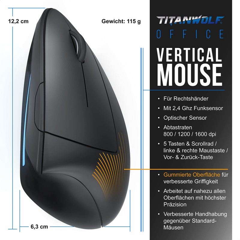 Titanwolf - Maus Vertikal Wireless - ergonomische Funk Vertikalmaus 2,4