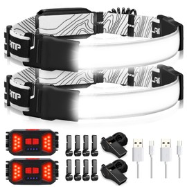 Adelante LED Headlamp Flashlight, 1000LM 230Wide-Beam USB Rechargeable Head Light with Taillight(Individual Control) & 8 Clips Waterproof Headlight Headlamps for Running and Camping (2 Pack, Black)