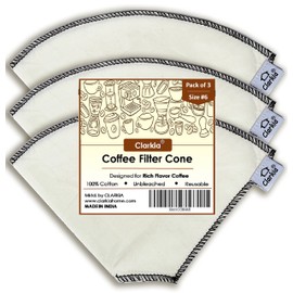 Clarkia 3 Piece Count Cotton Cone Coffee Filter Unbleached All-Natural, Reusable Filter Pour Over Dripper - Eco-Friendly Replacement for coffee filter papers