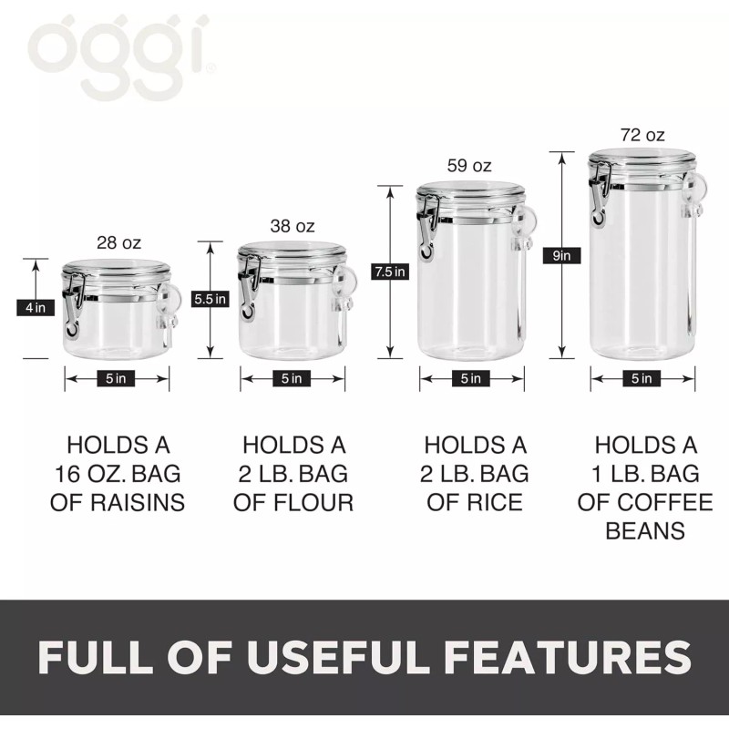 Oggi 4-Piece Clear Canister Set Clamp Airtight Food Storage Container