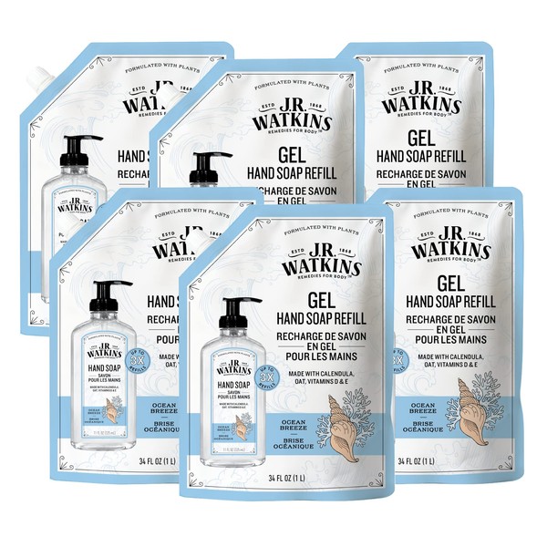 J.R. Watkins Gel Hand Soap Refill Pouch, Scented Liquid Hand Wash for Bathroom or Kitchen, USA Made and Cruelty Free, 34 fl oz, Ocean Breeze, 6 Pack
