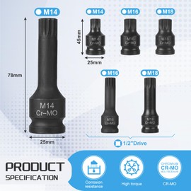 EFUTURETIME 6-Piece Spline Socket Set 1/2 Inch, M14, M16, M18, XZN Power Socket Set with Box, Multi-Tooth Nut Impact Wrench Set - Long and Short