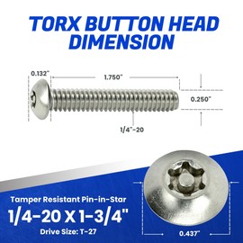Fastenere Torx Security Machine Screws - 1/4-20 x 1-3/4" (10-Pack) Stainless Steel, Tamper-Resistant, Button Head Screws, Bolt Screw for Higher Level of Safety & Theft Prevention