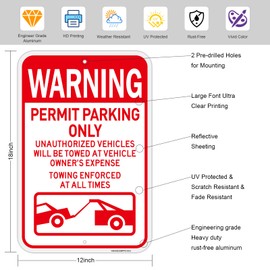 2PC Warning Permit Parking Only Sign, 18"x12"Towing Enforced Sign, Unauthorized Vehicles Will be Towed Signs, Engineer Grade Rust Free Reflective Aluminum, Fade/Weather Resistant, UV Protected