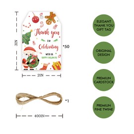 50pcs Christmas Thank You Tags, Santa Claus Gift Tag with String for Winter Holiday Party, Christmas Thank You Paper Tags for Winter Holiday/Birthday Party Favors
