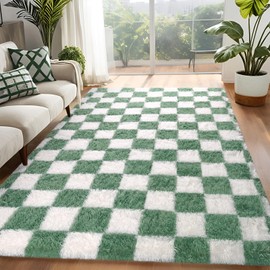 FALARK Rugs for Living Room Bedroom, 5x7 ft Sage Green and White Checkered Area Rug, Fluffy Soft Washable Carpet, Modern Non-Slip Shag Carpets for Boys Girls Nursery Home Aesthetic Decor