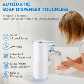 XINKORA Automatic Foaming Soap Dispenser, 4-Level Adjustable Foam Hand Soap Dispenser, USB Rechargeable Touchless Soap Dispenser for Bathroom Countertop, Kitchen, 13.5oz/ 400ml