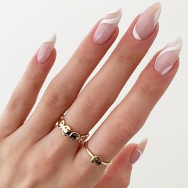 False Nails, French Almond Fake Press on Nails, Short White Acrylic Nail Tips Stick on Nails 24Pcs False Nails with Glue for Women and Girls Nail Art