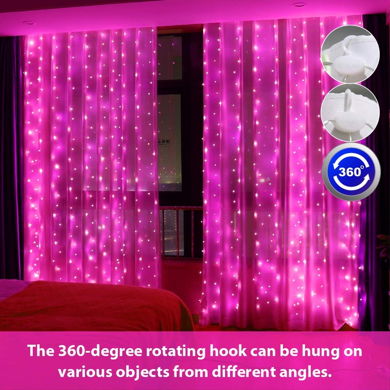 HXWEIYE 300LED Pink Fairy Curtain Lights with Remote 8 Modes