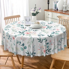 TTQYFNM Spring Summer Round Tablecloth 54 Inch Green Leaf Pink Floral Circular Table Cloth Washable Wrinkle Resistant Fabric Table Cover for Kitchen Dining Room Picnic Patio Indoor Outdoor Decor